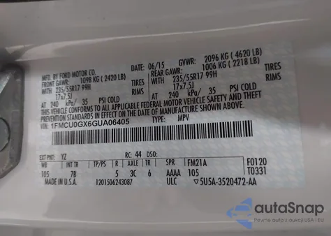 2016 Ford Escape Se из США, поврежденный, VIN 1FMCU0GX6GUA06405